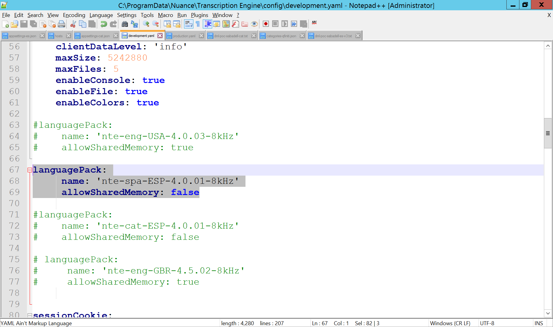 Actualizar develoment.yaml - pack de idioma