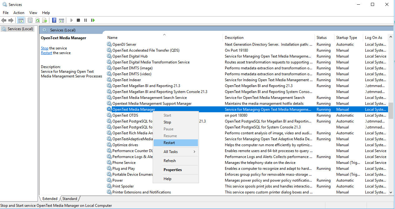 Reiniciar OpenText Media Management desde la app Services