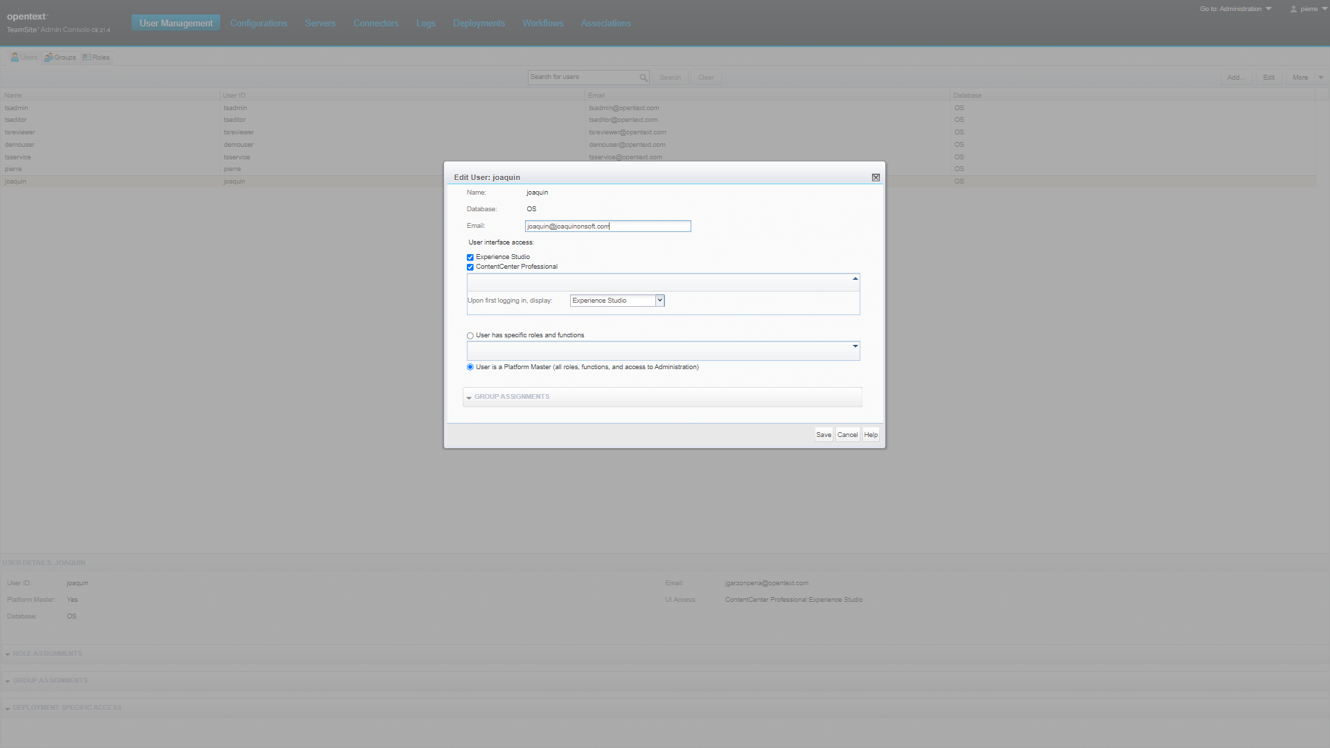 Editar un usuario en TeamSite