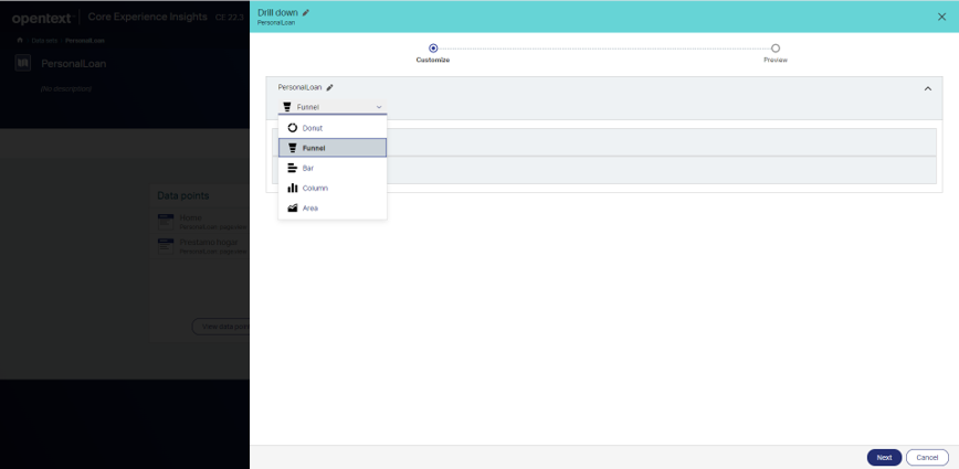 Core Experience Insights - seleccionar el tipo de gráfico