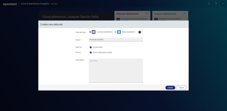 Core Experience Insights - crear un nuevo data set