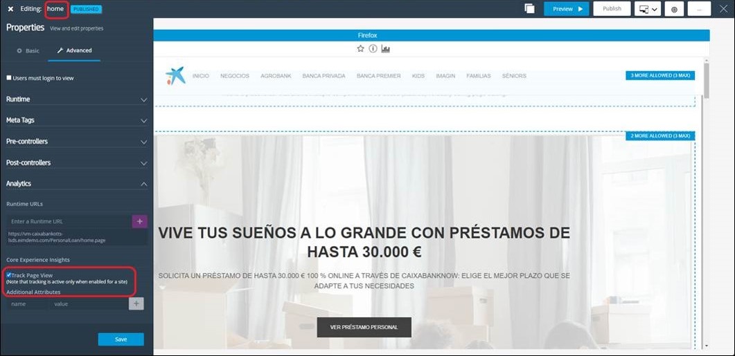 TeamSite - habilitar el seguimiento de la página