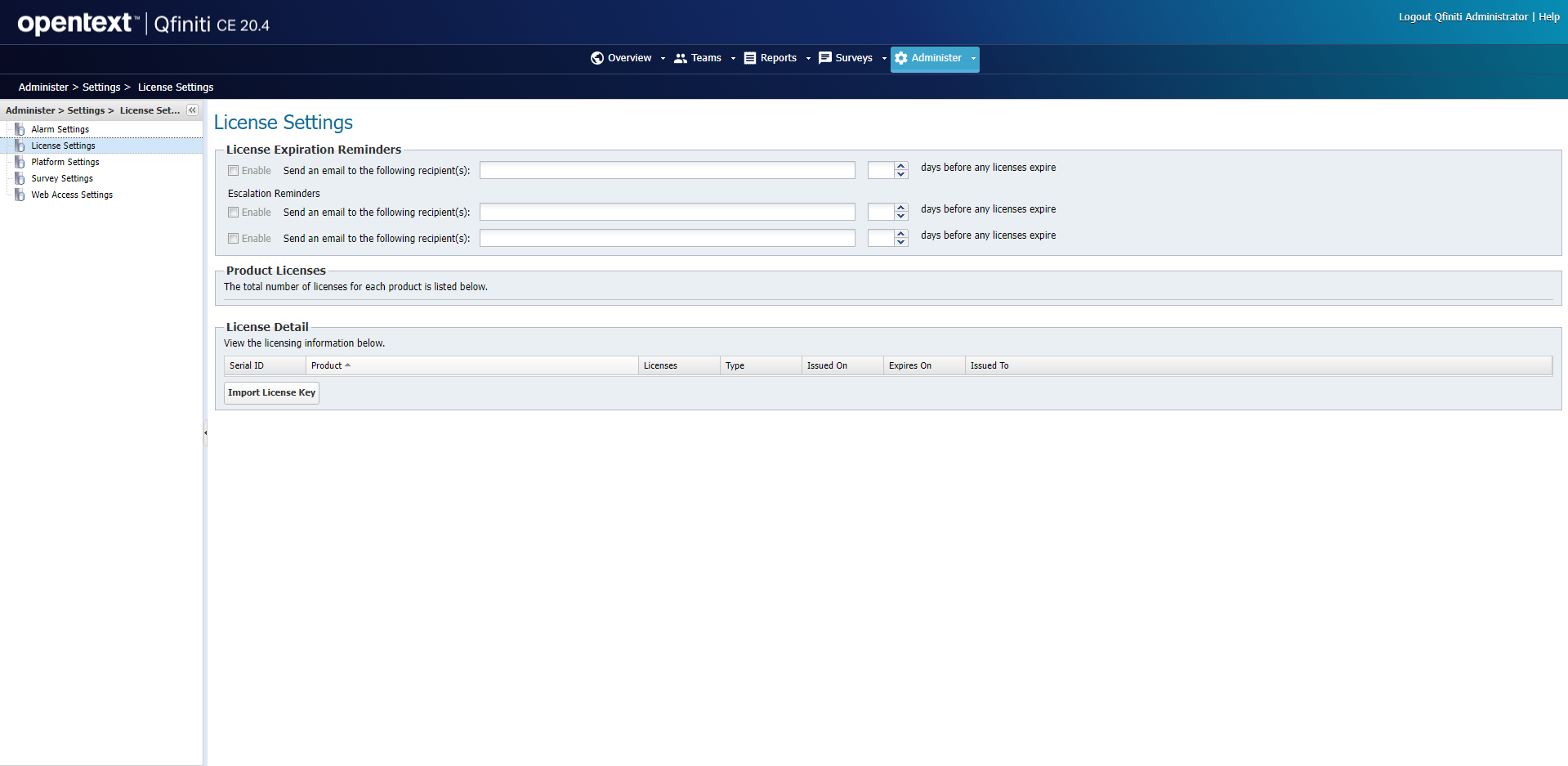 Qfiniti license settings