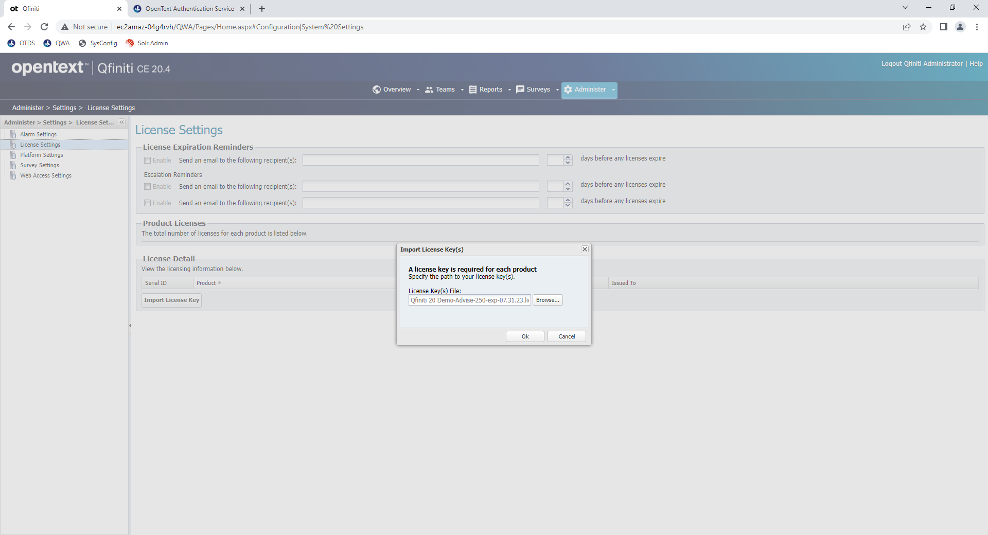 Qfiniti import license keys