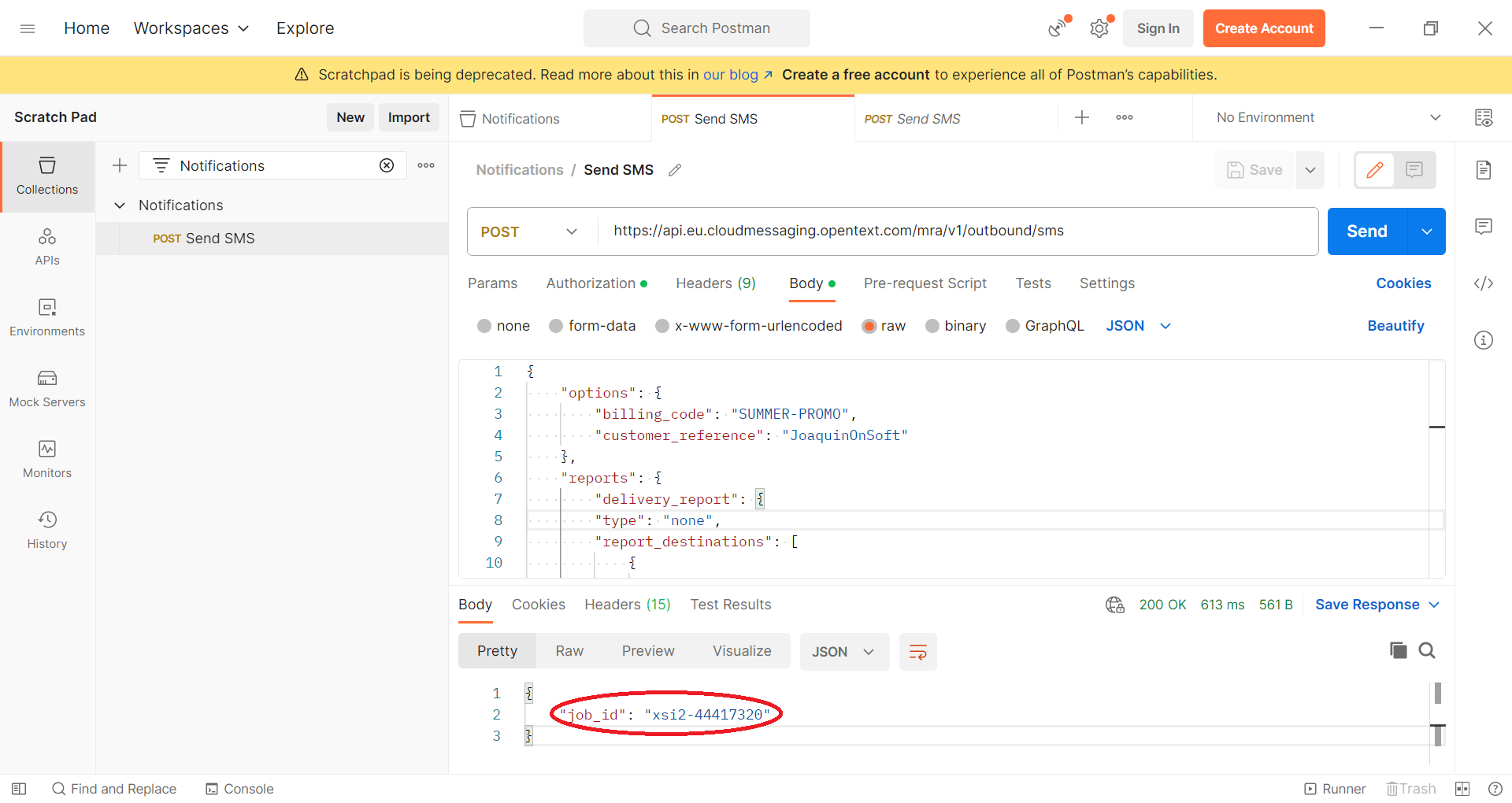Postman - Send SMS response